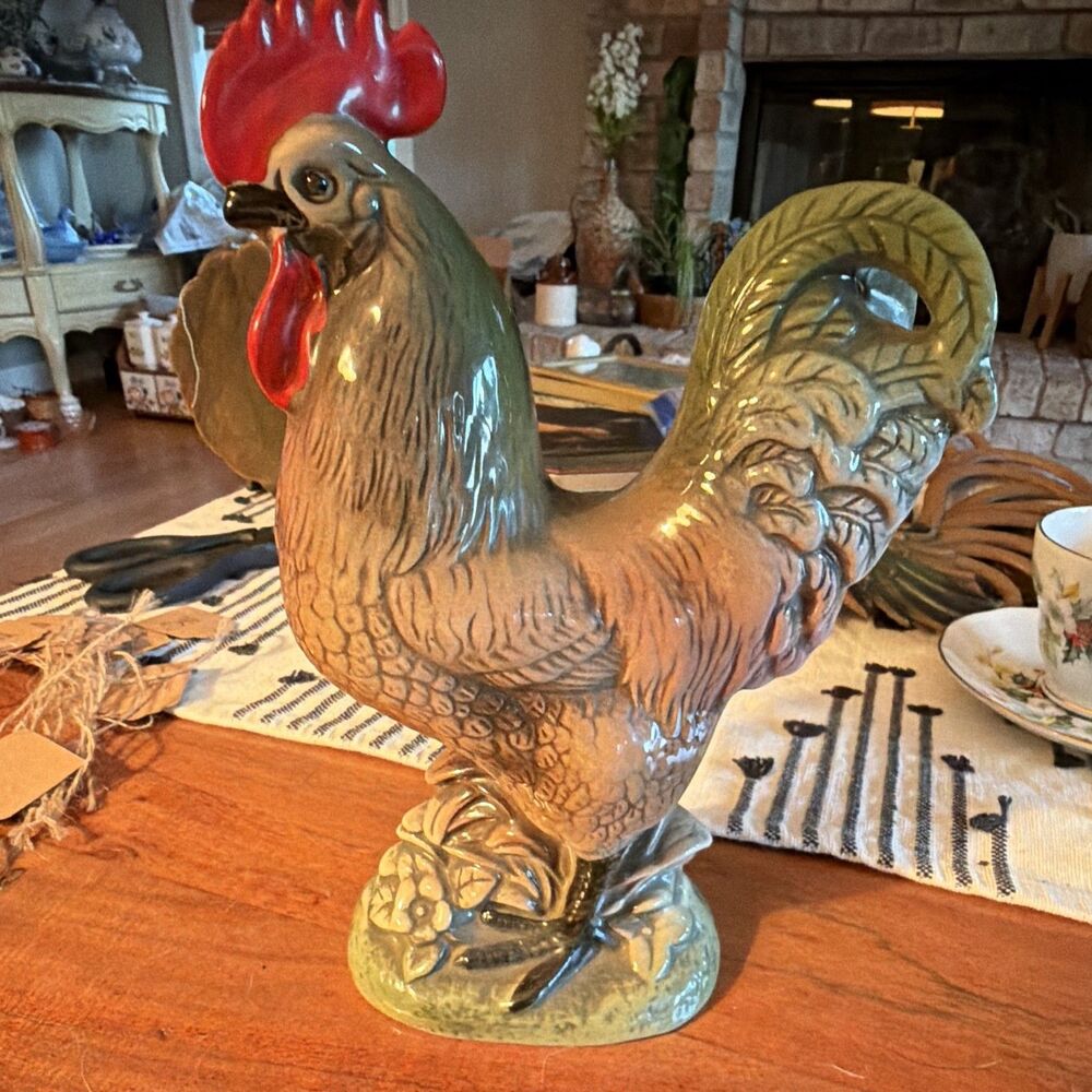 Ceramic Rooster Figurine Glossy Glazed Decorative Green Brown Red